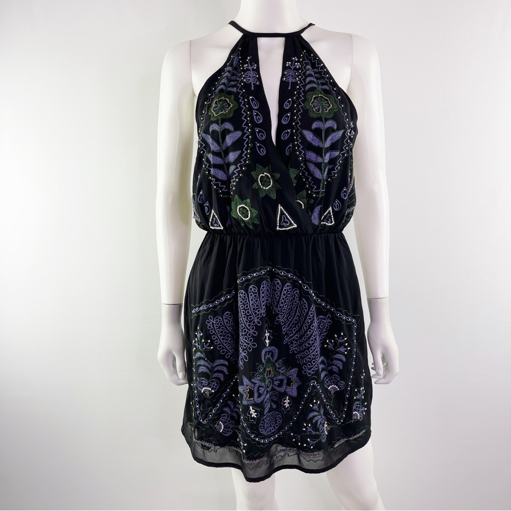 A La Plage Mini Dress Black Beaded Embroidered Halter Size S Sleeveless